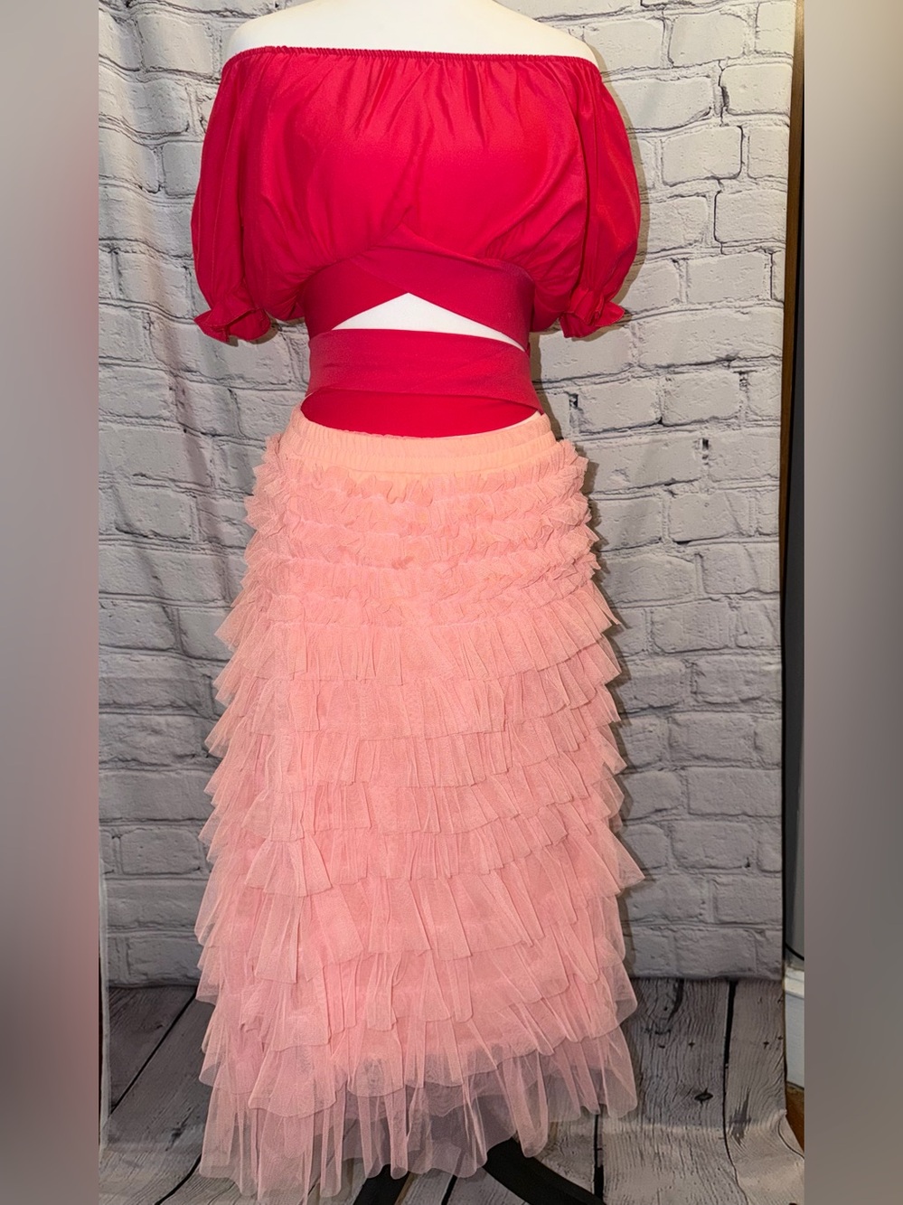 Pink Tiered Ruffle Maxi Skirt & Pink Off-Shoulder Crop Top Set- Small